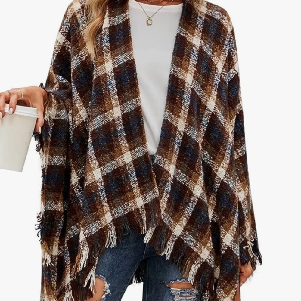 Womens Black Multi Buffalo Plaid Fringed Poncho Wrap OSFM - Picture 6 of 6